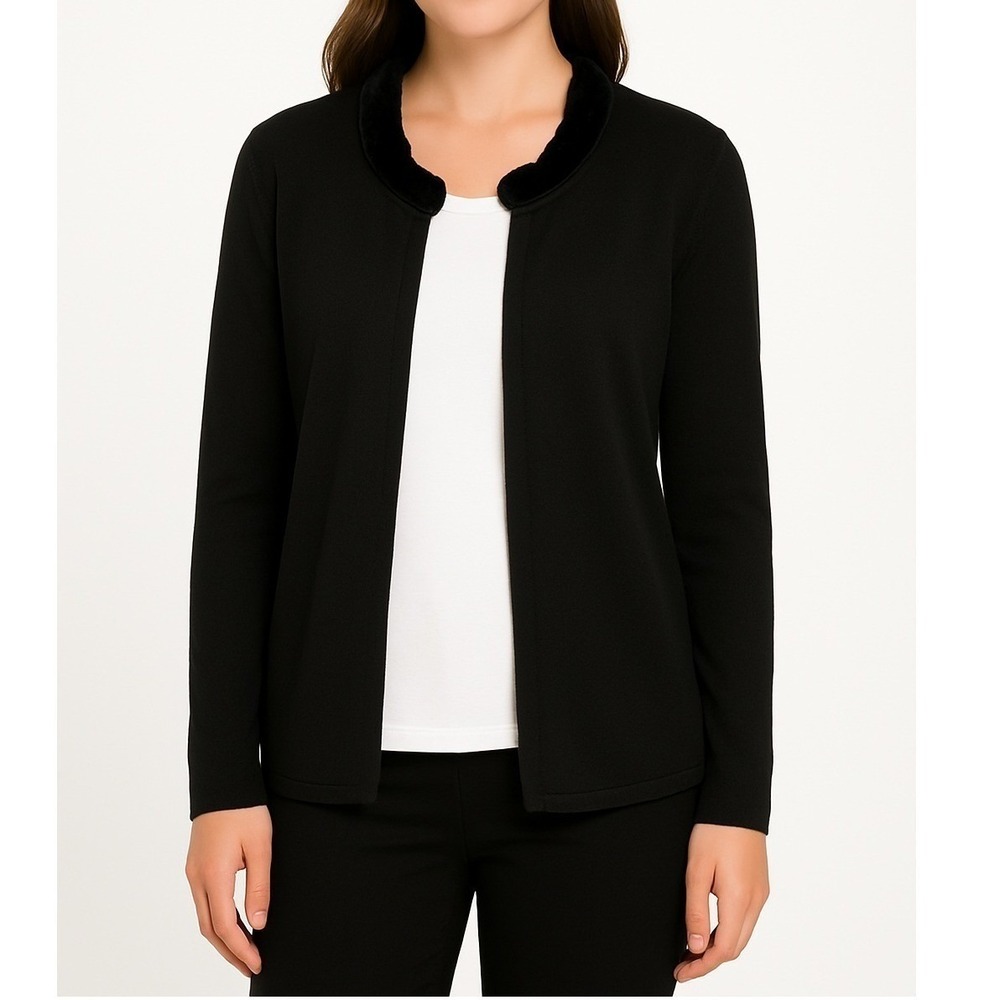 Peck & Peck Womens Large Black Ribbed Knit Velvet Trim Cardigan Sweater